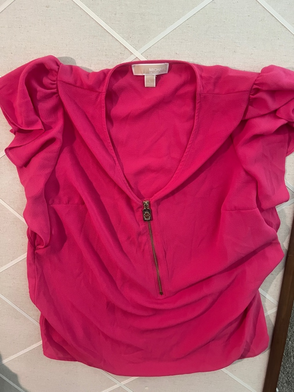 MICHAEL Michael Kors Fuchsia Zip-Front Ruffle Sleeve Top sz L